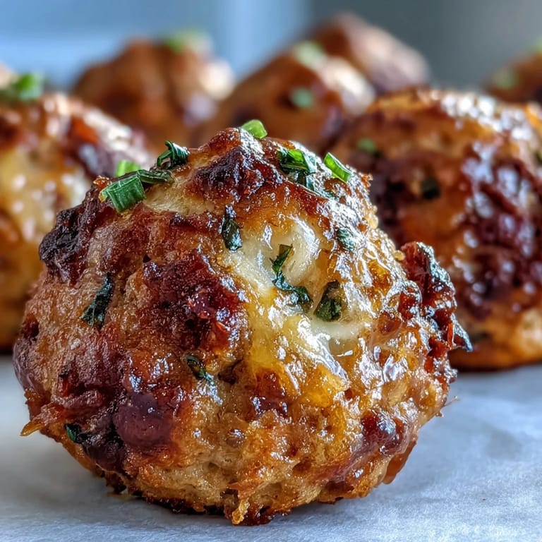 Close-up of savory Rotel Sausage Balls on a white plate, served with a side of creamy ranch dip for dipping.