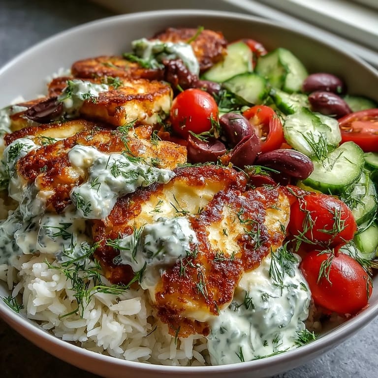 Warm pita wedges and a creamy dollop of tzatziki sauce accompany the Mediterranean-inspired bowl for a delicious vegetarian dinner.