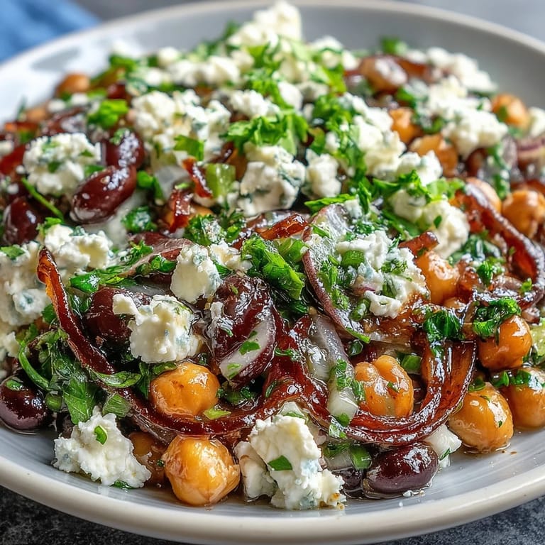 Close-up of fresh Divorce Salad featuring black beans, parsley, and tangy feta cheese.