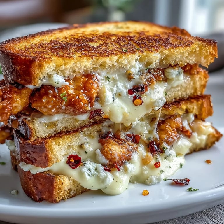 Crusty sourdough slices stuffed with creamy goat cheese and shredded chicken, drizzled with spicy hot honey.