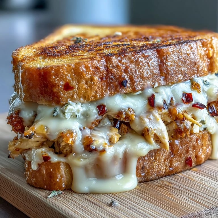 A close-up of a melty Goat Cheese & Hot Honey Chicken Grilled Cheese cut in half, revealing the filling.