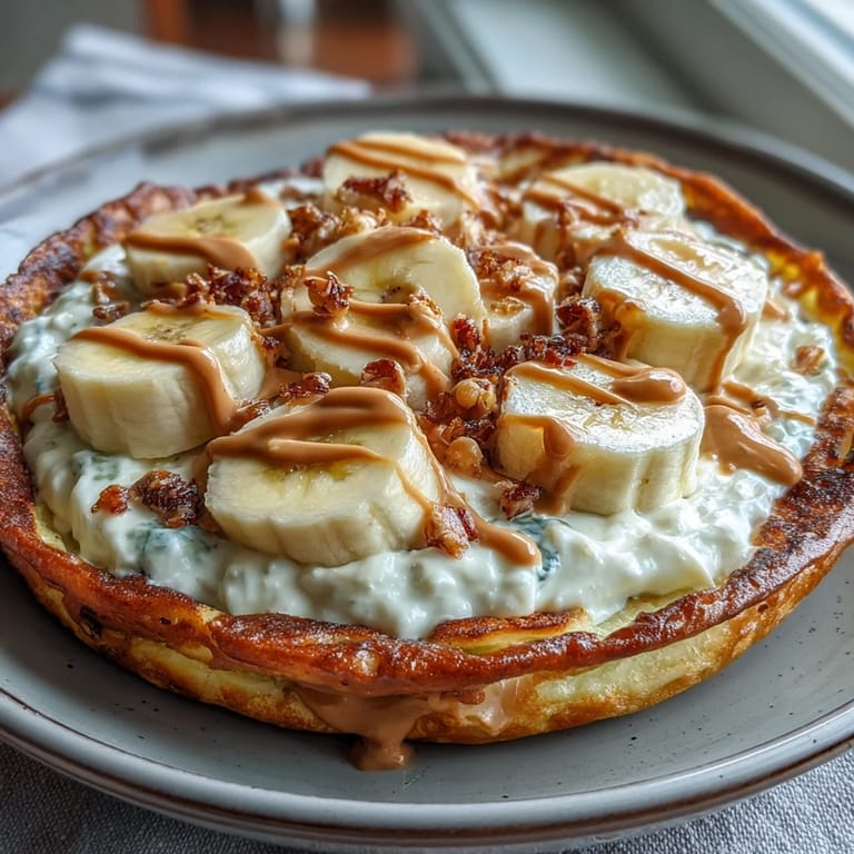 A freshly baked High-Protein Breakfast Pizza Bowl with a fluffy pancake base and warm peanut butter drizzle.