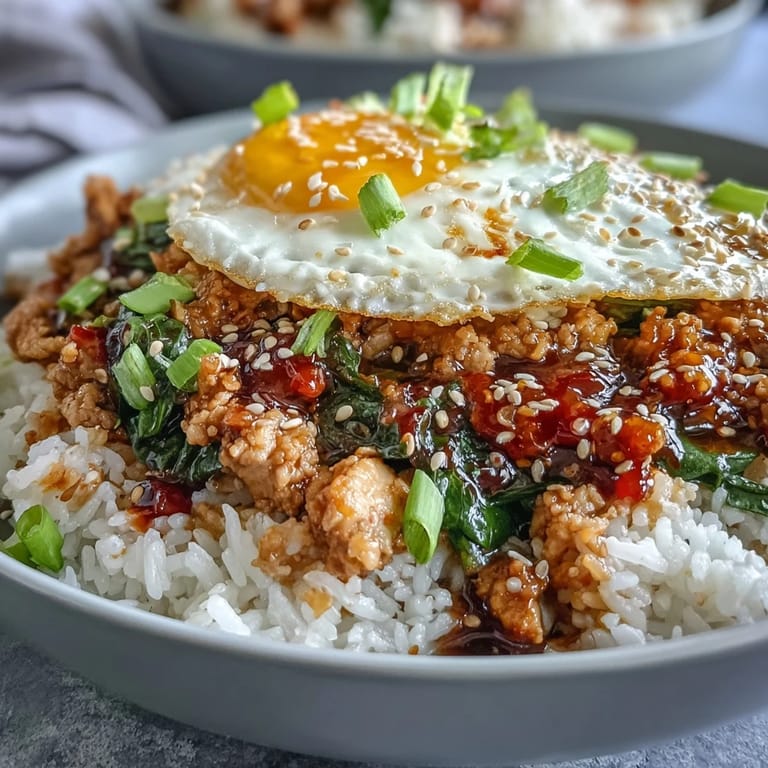 Bright one-pan Creamy Korean Turkey Rice Skillet topped with a halved jammy egg, sesame seeds, and scallions, alongside a small bowl of kimchi.