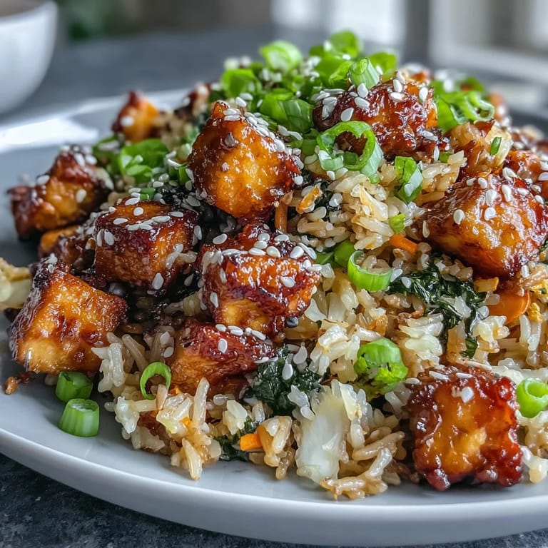 Serving of Crispy Sesame Tofu Fried Rice in a black bowl, garnished with scallions and a side of chopsticks.