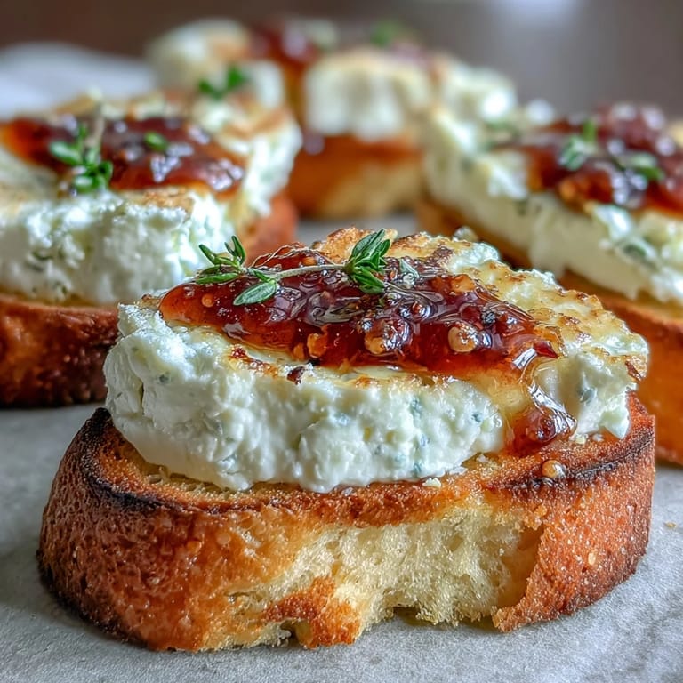 Crostini bites topped with a swirl of soft cheese and spicy-sweet honey, served on a rustic wooden board.