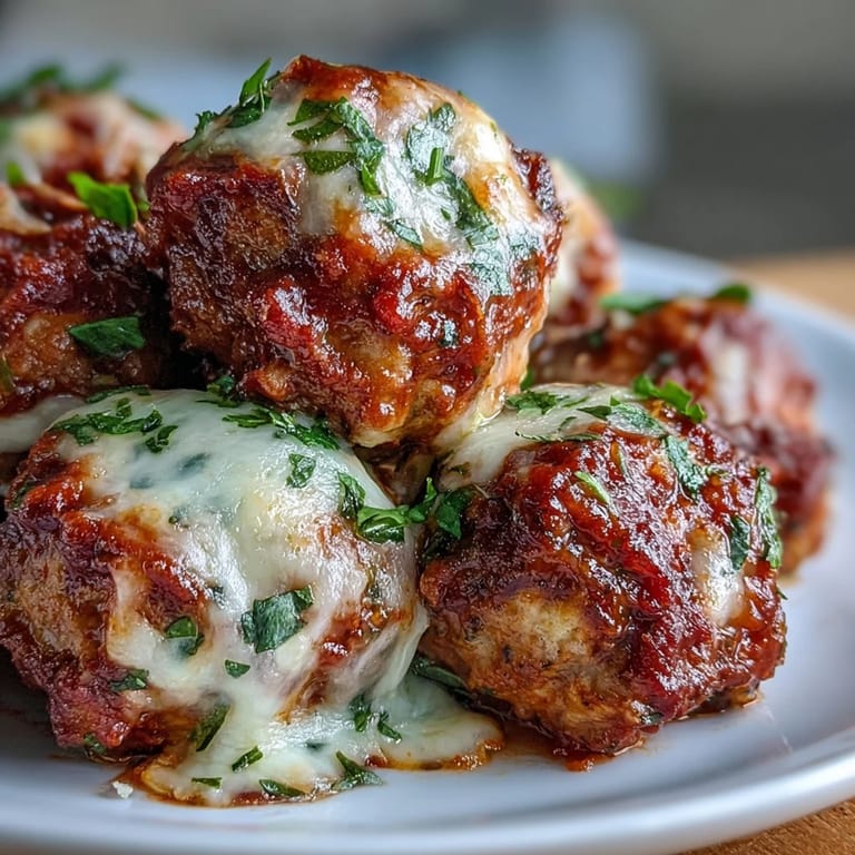 Golden baked Spicy Chicken Parm Meatballs sit over spaghetti with garlic bread on the side.