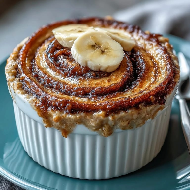 A nourishing Cinnamon Swirl Protein Banana Baked Oats dish, finished with a dollop of Greek yogurt and a drizzle of almond butter for serving.
