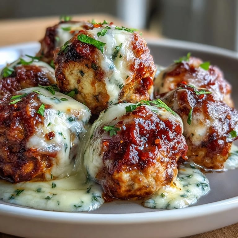 Fiery Baked Spicy Chicken Parm Meatballs come out of the oven, finished with fresh parsley garnish.