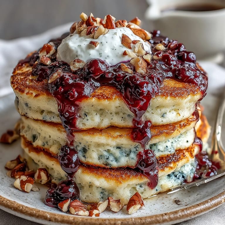 A single fluffy High-Protein Greek Yogurt Pancake with Blueberry Compote drizzled with maple syrup on a rustic wooden breakfast table.