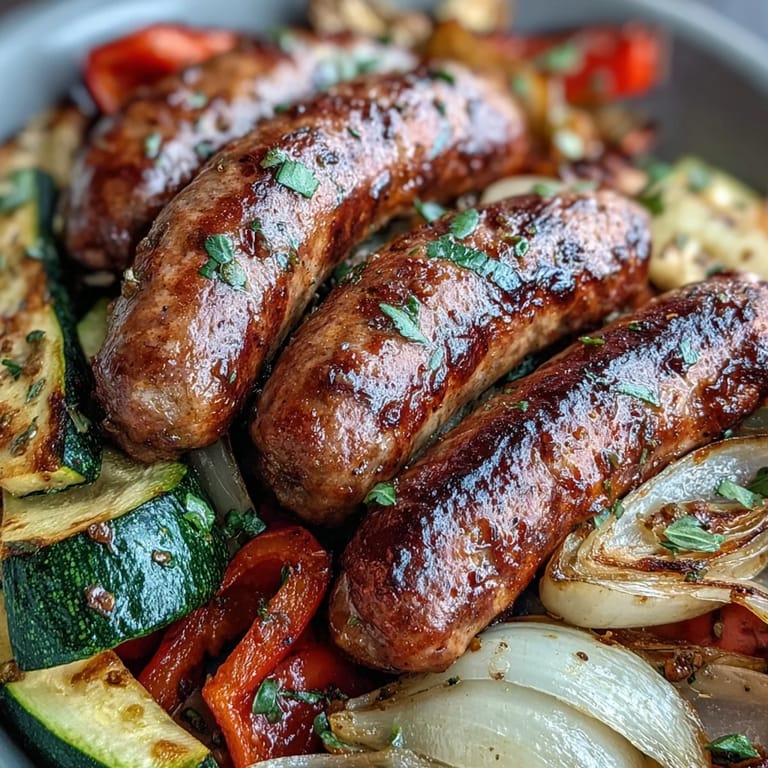A vibrant, one-pan dinner of Sheet Pan Italian Sausage with Peppers and Zucchini, glistening with olive oil.