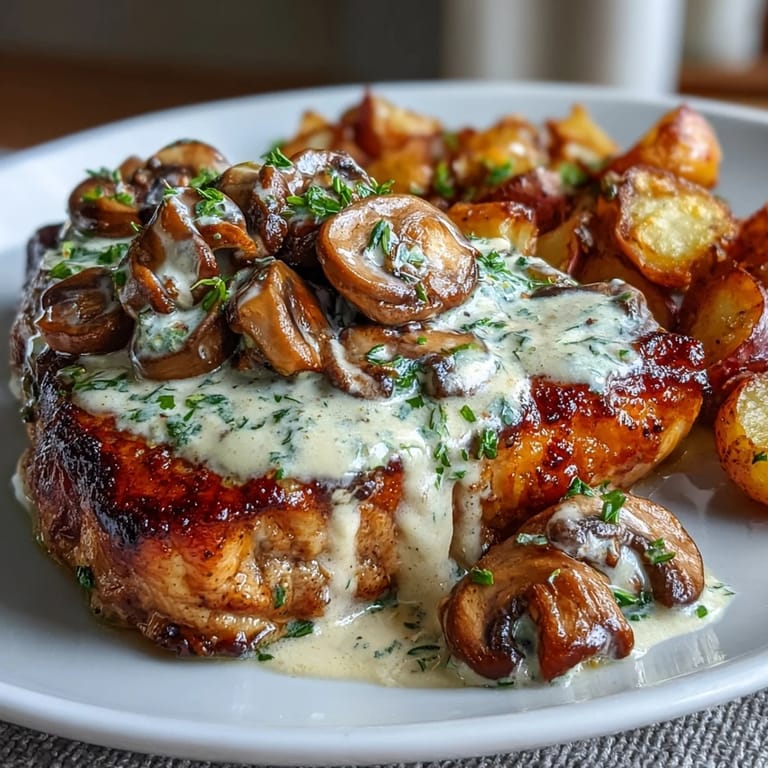 Keto Creamy Mushroom Pork Chops plated with a velvety mushroom sauce and bright, oven-roasted radishes for a low-carb dinner.