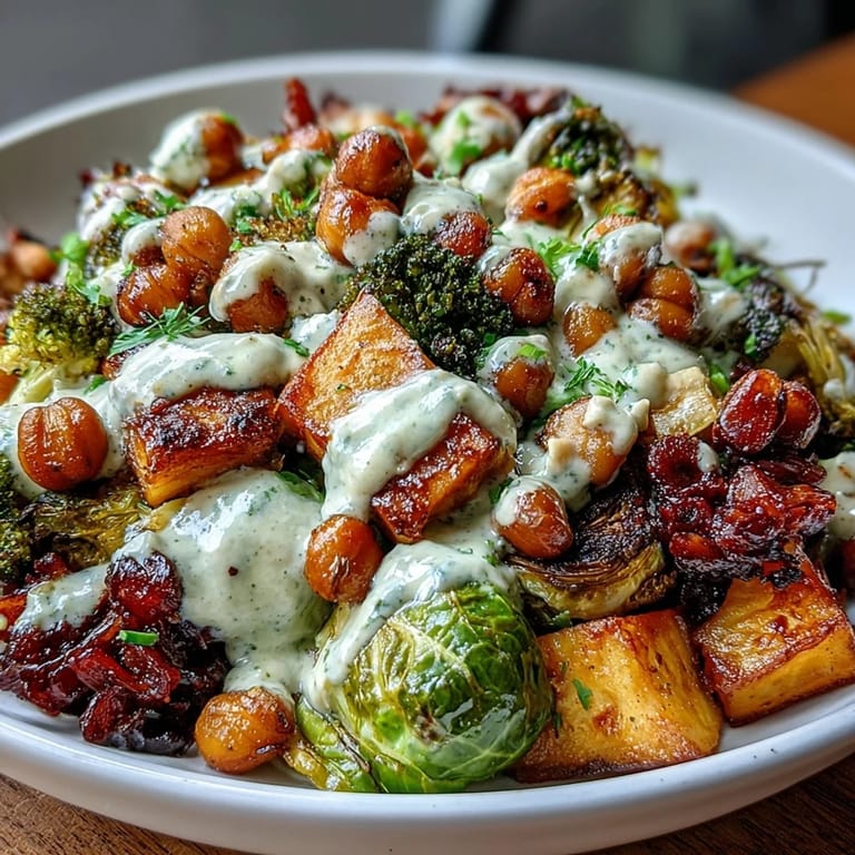 A nourishing vegan bowl with sweet potatoes, Brussels sprouts, and creamy maple Dijon tahini dressing.  