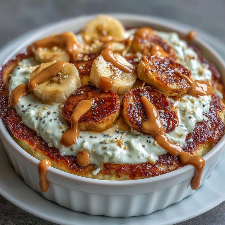 Indulgent yet nutritious, this high-protein breakfast pizza bowl features a golden pancake topped with peanut butter drizzle.  