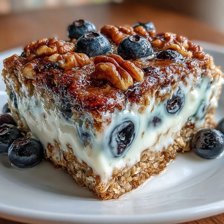 Hearty breakfast bake with oats, blueberries, and a sweet Greek yogurt swirl, ready for your morning table.