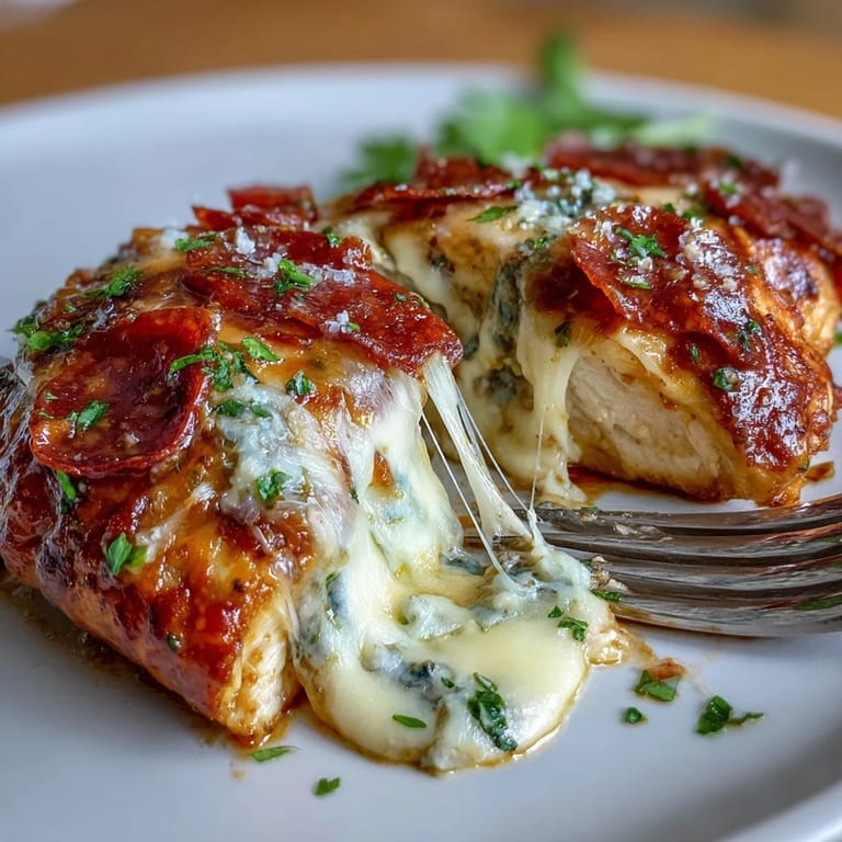 Low-carb chicken breasts filled with classic pizza flavors, seared and oven-baked for a quick keto dinner.  