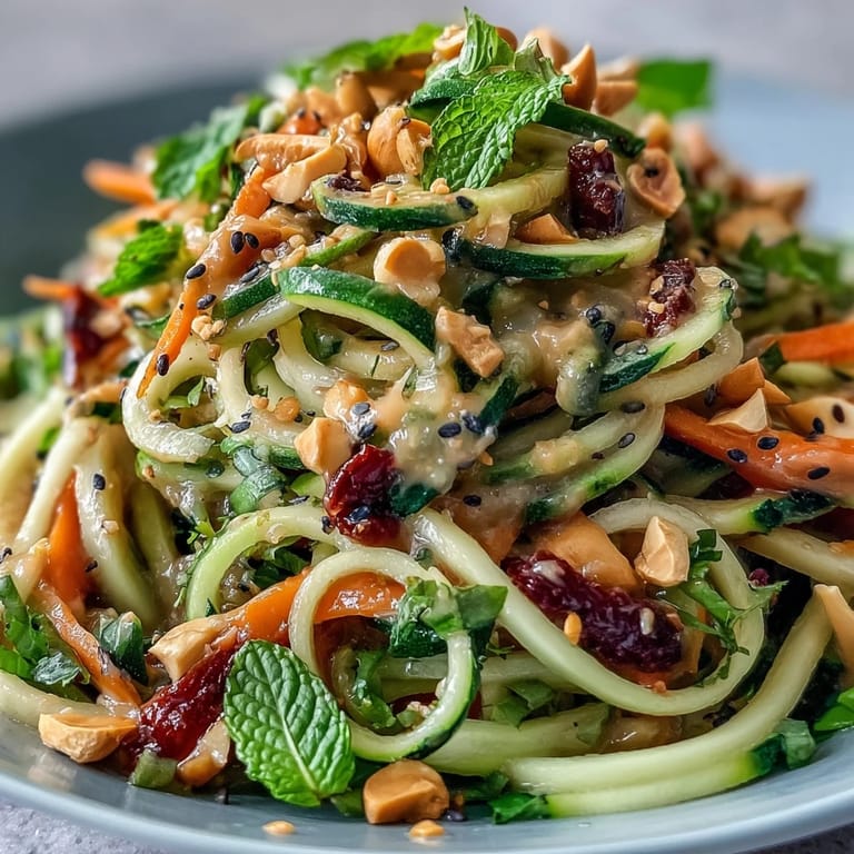 Light and refreshing Thai-inspired zucchini noodle salad with crunchy veggies and creamy peanut dressing, perfect for summer.