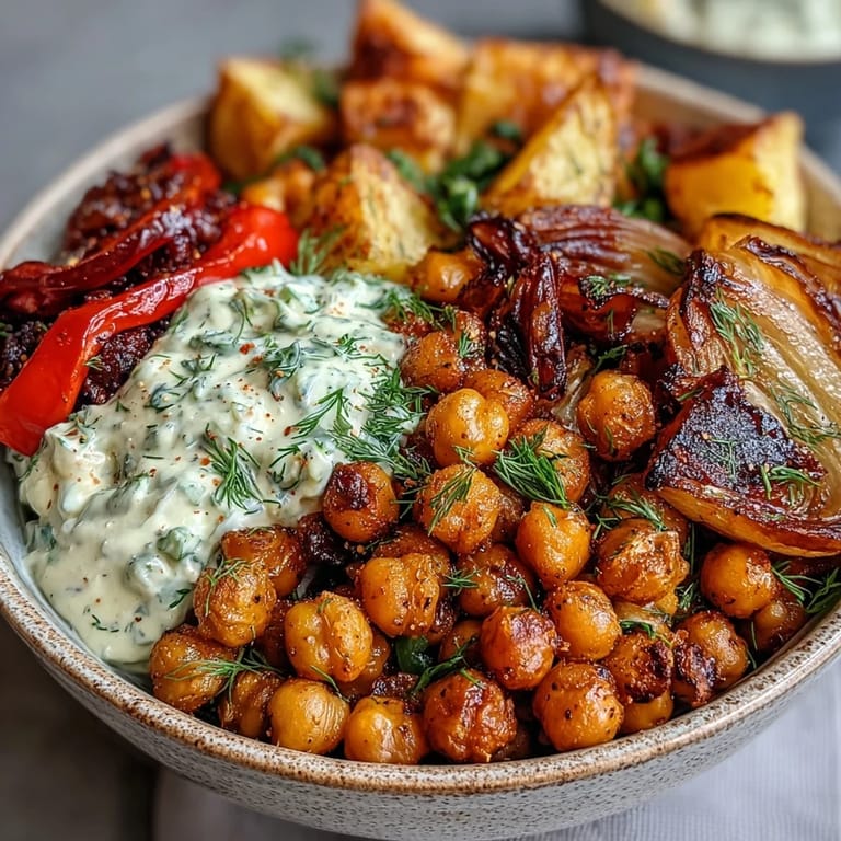Vibrant Mediterranean roasted vegetable bowl with spiced chickpeas, colorful peppers, and rich tzatziki for a nourishing meal.