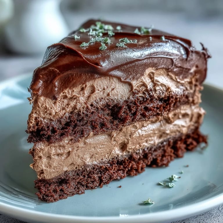 Fluffy, creamy chocolate mousse filling for cakes, with a glossy texture and deep cocoa flavor, ideal for elegant dessert presentations.