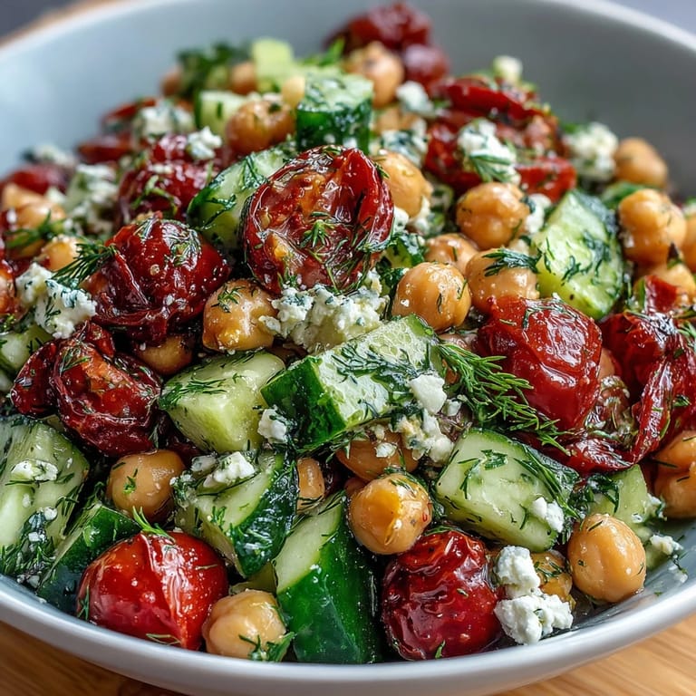 Healthy and refreshing, this easy chickpea cucumber salad with feta is loaded with crunchy veggies and protein-rich chickpeas.