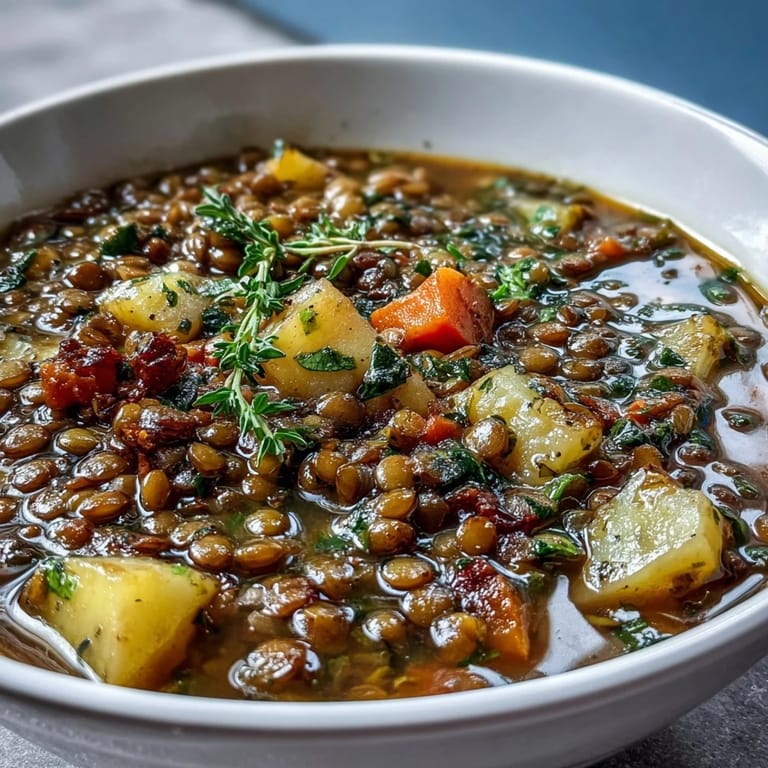 Rich and nourishing Little Sprout Green Lentil Stew, featuring vibrant vegetables and aromatic herbs in a warm, satisfying bowl.