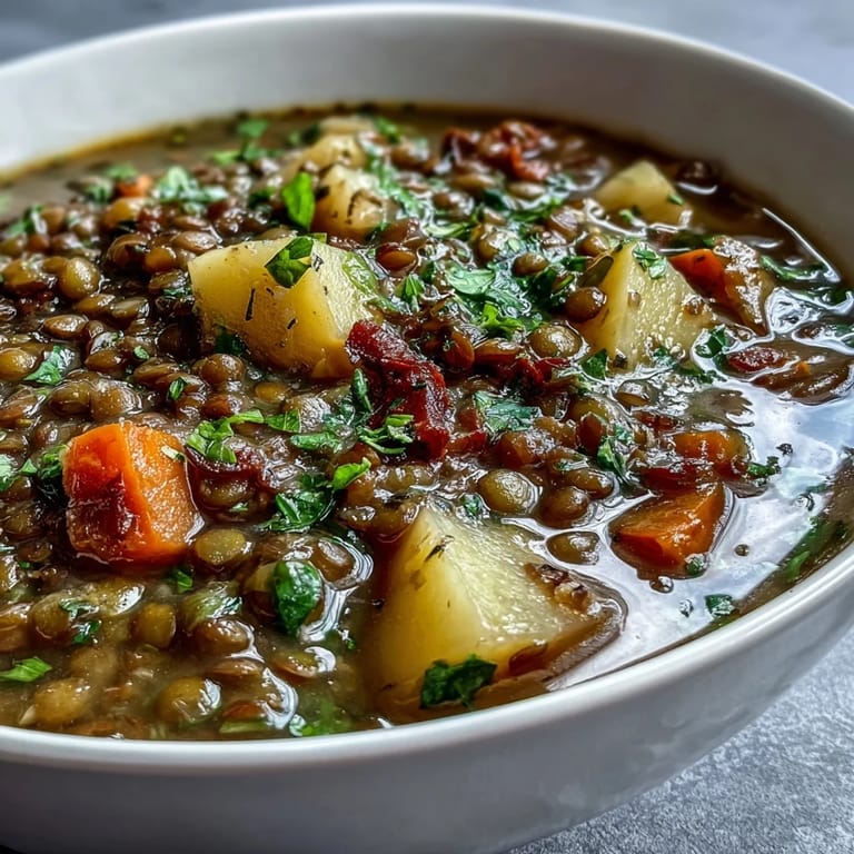 Hearty and comforting, this vegetarian lentil stew is packed with green lentils, carrots, and potatoes, simmered to perfection.  