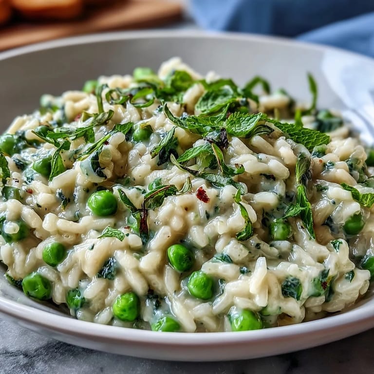 Vibrant green risotto with sweet peas, fresh mint, and Parmesan served in a rustic white bowl for an inviting spring meal.
