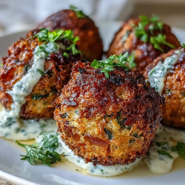 Herb-packed chickpea falafel with a crunchy exterior and tender center, drizzled with creamy green tahini sauce.  