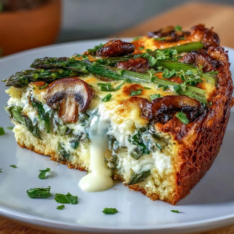 Slices of tender asparagus and sautéed mushrooms layered over buttery sourdough, topped with creamy Gruyère egg custard.  