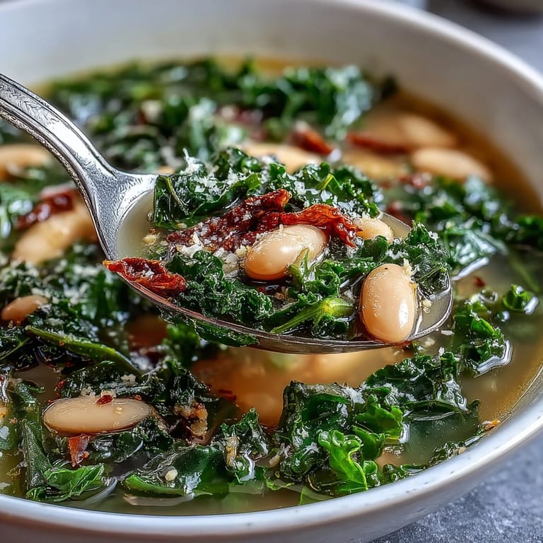 Hearty white beans and tender kale in a fragrant lemon-garlic broth, served with crusty bread for a comforting meal.