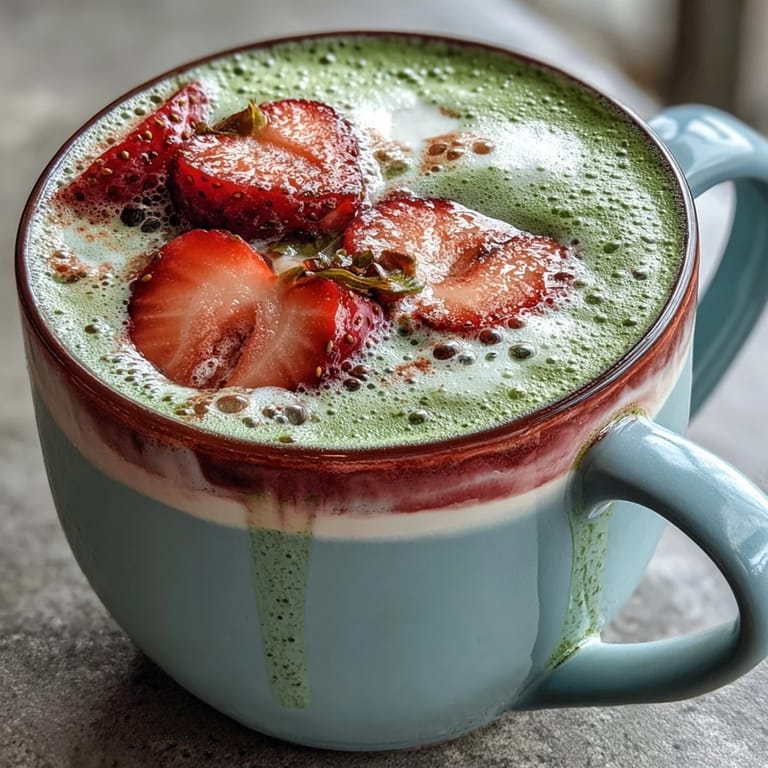 A steaming mug of strawberry matcha latte topped with frothy milk, garnished with sliced strawberries for visual appeal.