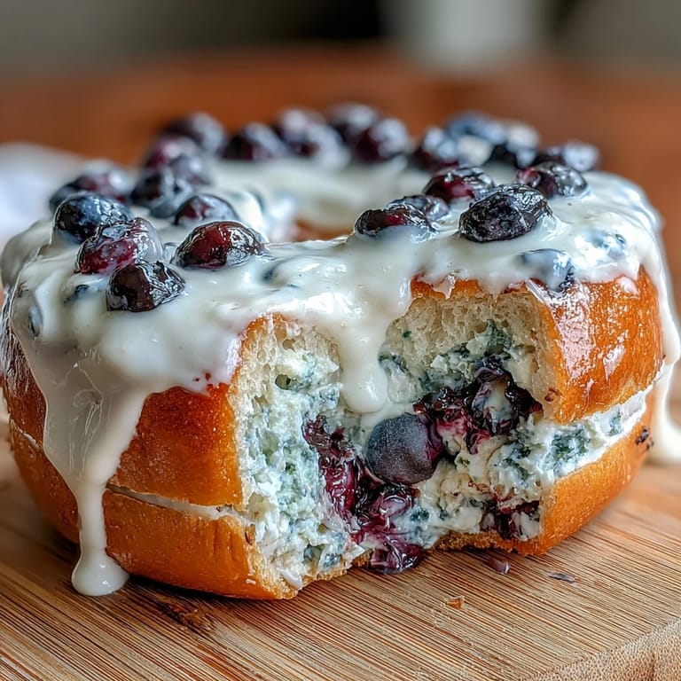 Golden-brown protein bagels studded with juicy blueberries, topped with tangy Greek yogurt frosting for extra flavor.  