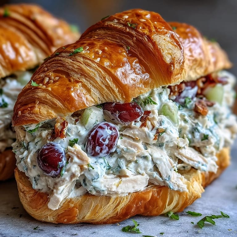Picnic Chicken Salad Croissant Sandwiches with Grapes: Tender chicken, juicy red grapes, and fresh parsley mixed in a tangy dressing, served on flaky croissants for outdoor dining.