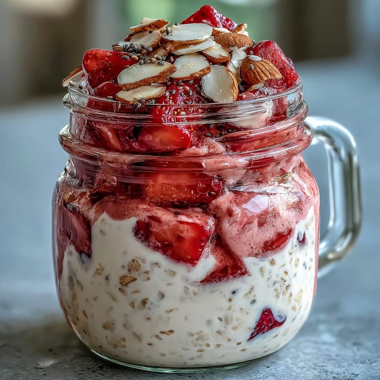 Make-ahead strawberry overnight oats with Greek yogurt and chia seeds, garnished with almonds for added texture and flavor.