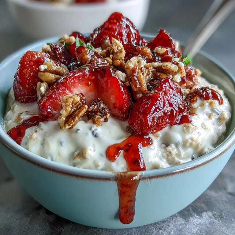 Layered strawberry chia overnight oats topped with granola, perfect for a quick, nutritious morning meal.