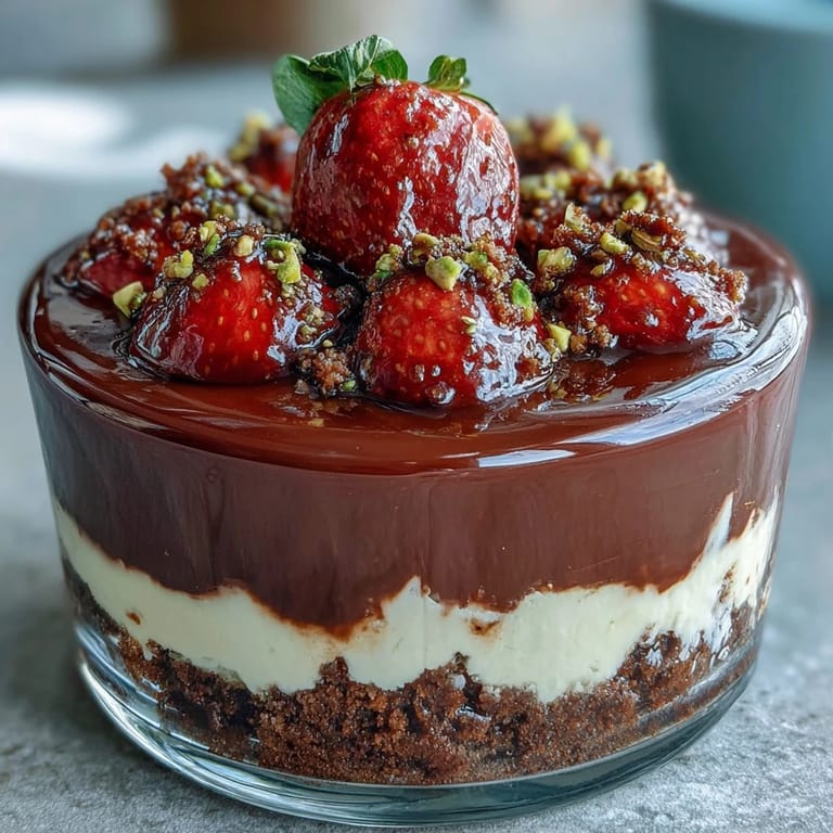 Indulgent dessert cups featuring layers of chocolate crumb, smooth cheesecake, and macerated strawberries, topped with glossy ganache.