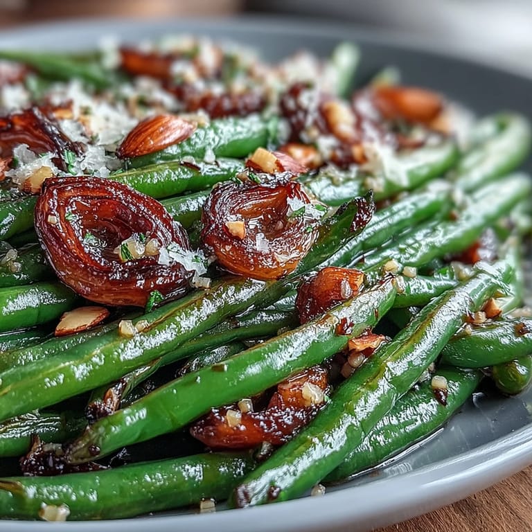 Tender green beans roasted until blistered, infused with garlic and topped with toasted almonds and lemon.