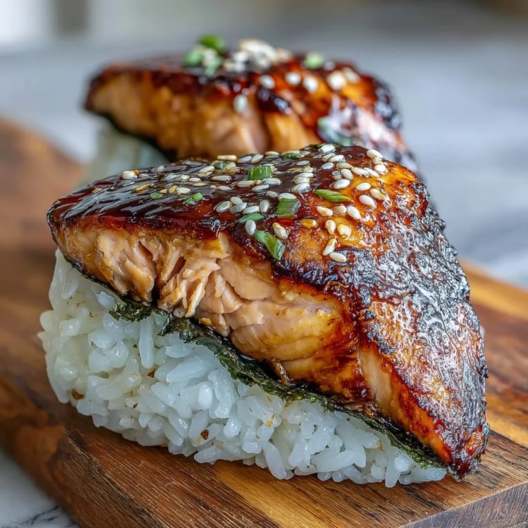 Delicate Japanese rice balls packed with grilled salmon, lightly grilled for a crispy exterior and soft, flavorful center.
