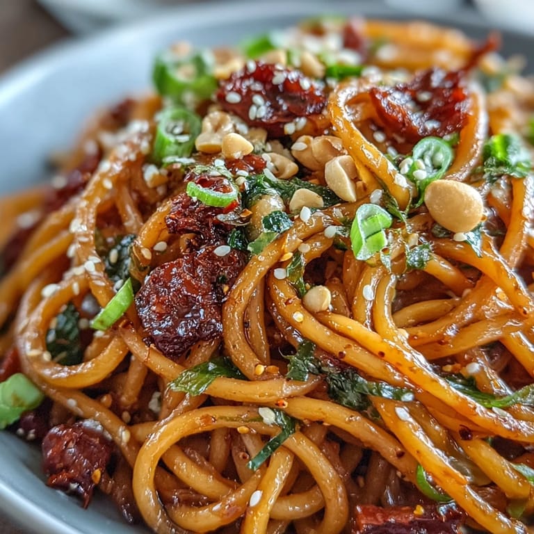 Vibrant chili crisp noodles tossed with aromatic garlic and crisp vegetables, finished with a sprinkle of roasted peanuts for added texture and flavor.