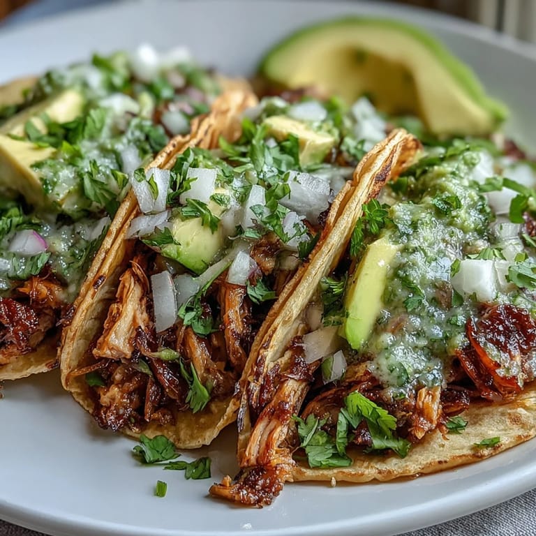 Vibrant slow cooker chicken tacos bursting with zesty salsa verde flavor, ready to serve.