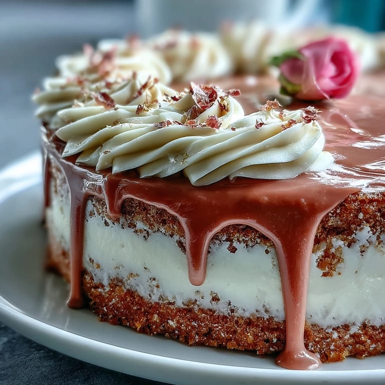 A festive Bridal Shower Rosé Velvet Cake, captured with glossy piped gold details.