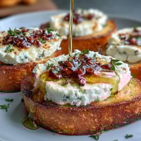 Golden toasted baguette slices piled high with creamy goat cheese, drizzled with shimmering hot honey and fresh chives.
