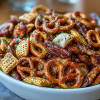 Tangy Dill Pickle Chex Mix with crunchy cereal, pretzels, and bagel chips, all coated in zesty dill pickle seasoning for a bold snack.