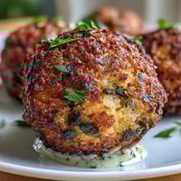 Crispy golden falafel balls made in the air fryer, served with vibrant green tahini sauce for dipping.  