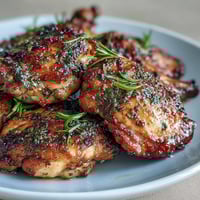 Juicy lemon herb roasted chicken and potatoes with crispy skin, golden potatoes, and fresh herbs on a rustic platter.