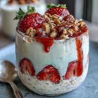 Creamy overnight oats with fresh strawberries, chia seeds, and crunchy granola for a healthy, make-ahead breakfast.