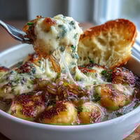 Warm bowl of Gnocchi French Onion Soup with golden melted cheese and toasted baguette slices.