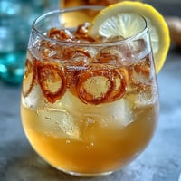 A tall glass of ginger prebiotic lemonade with ice, garnished with lemon slices and mint leaves.