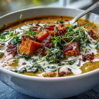 Smoky Sweet Potato Chowder with crispy pancetta and tender kale in a creamy base.