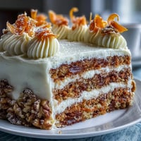 Moist Easter carrot cake with rich cream cheese frosting and delicate candied carrot curls, perfect for spring celebrations.