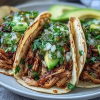 Tender slow cooker salsa verde chicken tacos, topped with fresh cilantro and avocado.